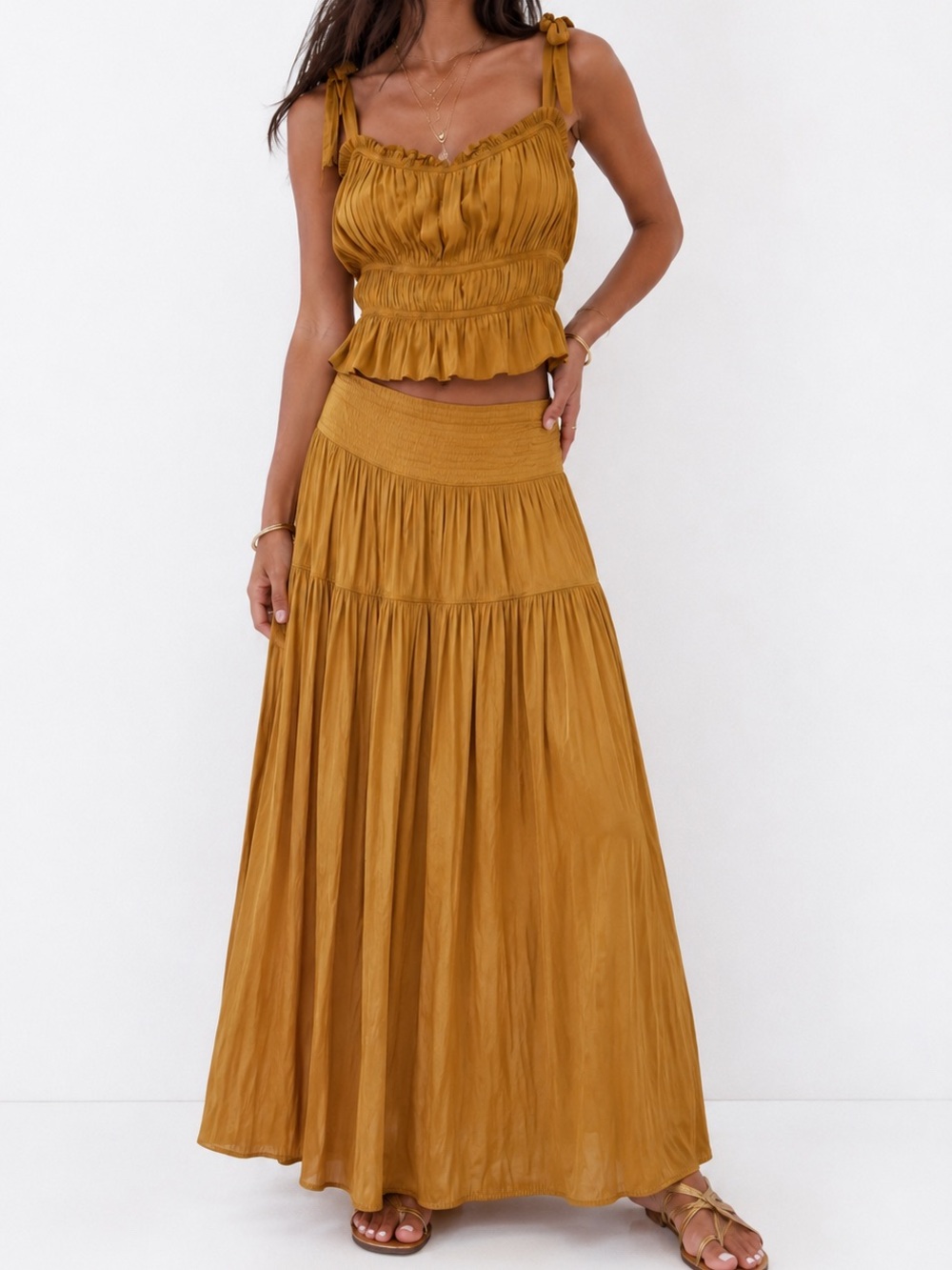 Rachel Zoe 2 Piece Mustard Pleated Skirt Set Tie Strap Boho Size M - Picture 1 of 10